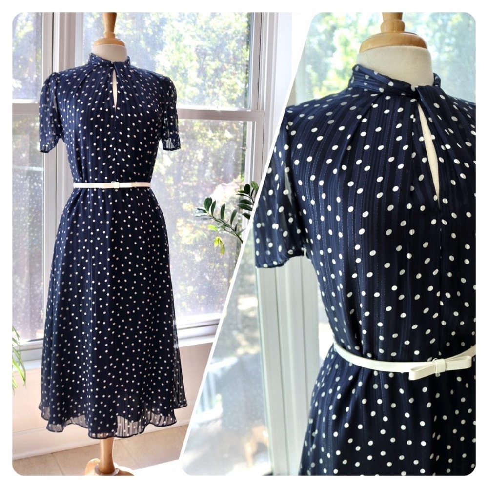 Maggy London Navy and White Polka Dot Midi Dress